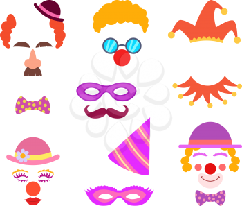 Scrapbook elements. Circus or party costumes and clown glasses and hairs. Clown circus for masquerade, glasses and costume for party. Vector illustration