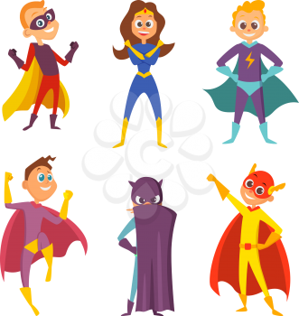 Funny childrens. Superheroes boys and girls in action poses. Cartoon characters set isolate on white. Superhero girl and boy in colored costume. Vector illustration