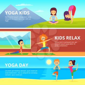 Outdoor pictures of kids making different yoga exercises. Vector banners with place for your text. Yoga exercise for kids girl and boy illustration