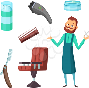 Barber at work and different illustrations of barbershop tools. Vector collection in cartoon style. Hairdresser man, professional tools and equipment scissors comb