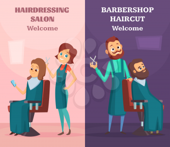 Banners set with illustrations of hairdressers at work. Vector barber man and woman work in hair salon