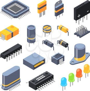 Capacitor, different chips, semiconductor and electrical components for electronic parts. Vector electrical component technology illustration