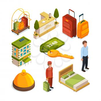 Icons set of hotel services. Isometric illustrations of reception tables. Lounge room. Vector hotel service reception