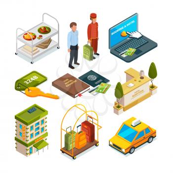 Hotel reception, isometric set of motel services illustrations. Baggage and lobby motel, concierge and customer vector