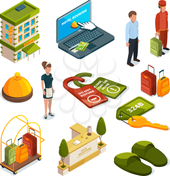 Hotel services. Isometric illustrations. Reception to motel, lobby and tag do not disturb vector