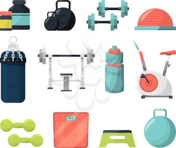 Different equipment for gym. Weight, gymnastic ball, dumbbells and other tools for powerlifting or bodybuilding. Fitness and sport, dumbbell and weight equipment, vector illustration