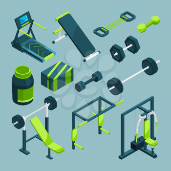 Sports equipment for gym. Vector isometric illustrations. Fitness sport gym equipment