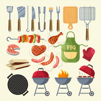Vector cartoon illustration of meat, sauce, grill and other elements for bbq party. Grill barbecue food, meat bbq, steak grilled