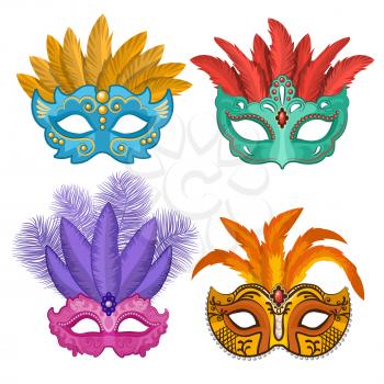 Colored pictures of carnival or theatre masks with feathers. Vector illustrations set in cartoon style. Carnival and masquerade costume mask, venetian mardi gras carnival mask