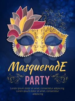 Beauty poster illustration of mask with feather. Design template invitation carnival party. Festival carnival mask poster vector