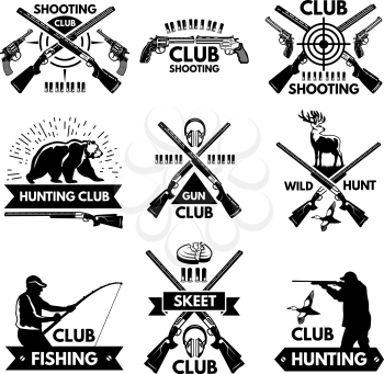 Labels and badges set for hunting club. Monochrome pictures of different animals and weapons for hunters. Hunter club and skeet club label emblem. Vector illustration