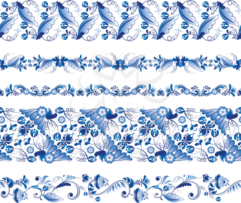 Russian traditional elements. Set of horizontal seamless pattern in gzhel style. Gzhel russian pattern seamless element, floral blue flower. Vector illustration
