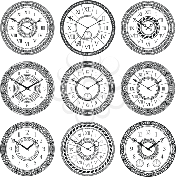 Vector set of vintage clocks. Monochrome pictures isolate. Symbols of time. Clock time with arrow and antique number dial illustration