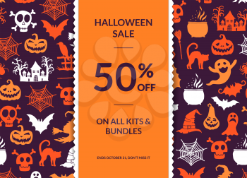 Vector halloween background with vertical decorative ribbon, witches, pumpkins, ghosts, spiders silhouettes and place for text illustration