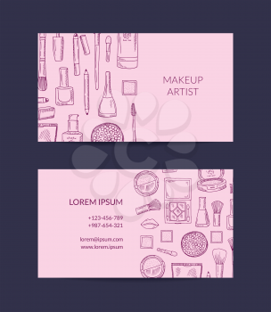 Vector business card template for beauty brand or makeup artist with monochrome hand drawn sketched makeup background illustration