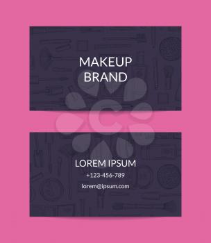 Vector business card template for beauty brand or makeup artist with monochrome hand drawn makeup background illustration