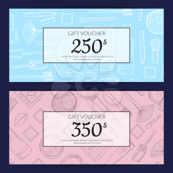 Vector gift card vouchers for beauty products with monochrome hand drawn makeup products isolated with transparent rectangles on dark background illustration