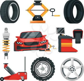 Illustrations of tires service. Car service tire and repair wheel, automotive maintenance garage vector