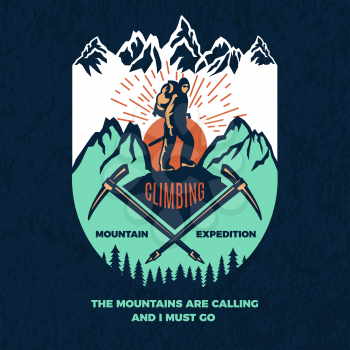 Exploring. Vintage poster of mountain climbing. Travel label adventure, emblem, mountain travel and climbing illustration