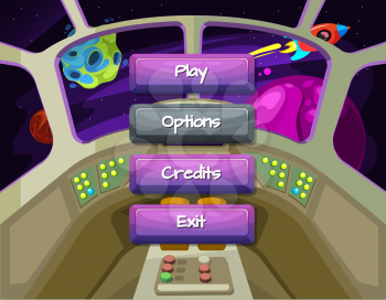 Vector cartoon style enabled and disabled buttons with text for game design on spaceship texture background. Game interface button in spaceship interior illustration