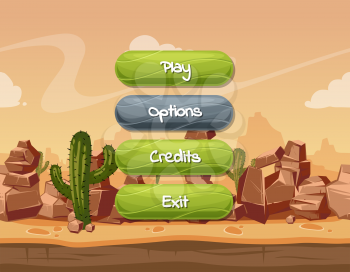 Vector cartoon style wavy enabled and disabled buttons with text for game design on orange rocks, sky and cactus desert landscape background. Button panel for game interface illustration