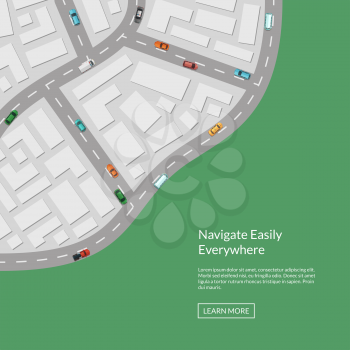 Vector city map with cars aerial top view from above illustration. City road map top, street urban town with transport