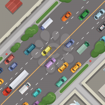 Vector city road with cars with buildings, grass and trees on sidelines top view illustration. Road street with car and building roof