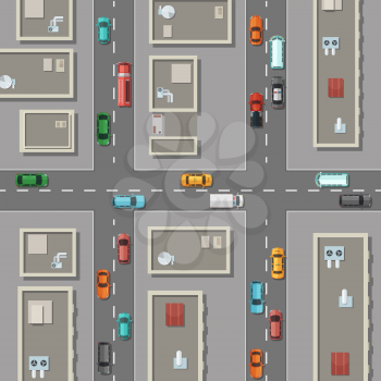 Vector top view city with office buildings rooftops, cars on the roads illustration. Town street with traffic car, urban map with house building