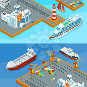 Horizontal vector banners with sea ships in port. Business sea transportation illustration