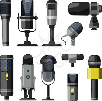Dictaphone, microphone and other professional tools for reporters and speakers. Black dictaphone and microphone equipment. Vector illustration