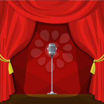 Scene with red curtains and retro microphone. Vector illustration in cartoon style. Concert show entertainment, musical theater event