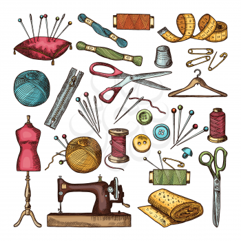 Colored pictures of different tools for needlework or sewing workshop. Color drawing vintage handmade equipment, needlework accessory. Vector illustration