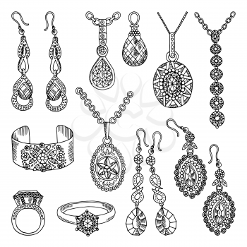 Hand drawn pictures set of luxury jewelry. Vector illustrations. Jewelry luxury accessory sketch hand drawn