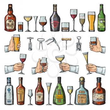 Set of alcoholic symbols. Different drinking glasses, wine bottles and corkscrews. Vector pictures in hand drawn style. Tequila and rum, absinthe and brandy illustration