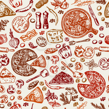 Seamless pattern with classical italian foods. Hand drawn illustrations of pizza. Italian pizza background with cheese mushroom and pepper vegetable vector
