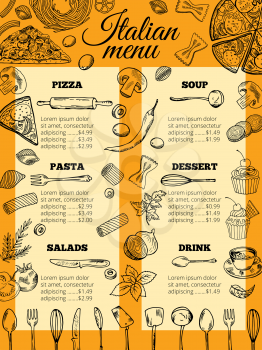 Italian food menu of different pasta and pizza. Design template for gourmet retaurant. Italian menu restaurant pasta and pizza. Vector illustration