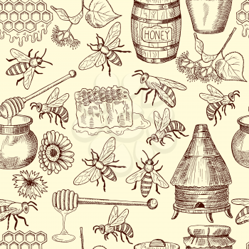 Vector seamless pattern with honey, bees and honeycomb, Illustration of background with honey and bee insect