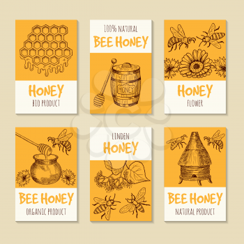 Set of vector cards for honey products. Healthy food symbols. Honey product banner collection illustration