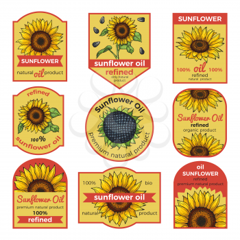 Labels for sunflower oil. Vector illustration with place for your text. Oil sunflower banner logo for bottle, natural refined oil