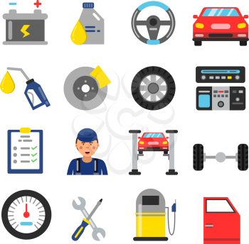Car service icons set. Different parts of automobile. Vector illustrations in flat style. Steering wheel and brakes, auto instrument and support