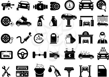 Different details of automobile. Car services icons set. Monochrome vector pictures isolate on white. Collection of icons automobile repair service illustration