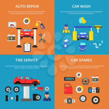 Colored banners set of concept illustrations of car services. Automobile washing and wheels repair. Automobile maintenance service, engine repair and wash