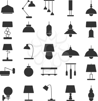 Silhouette of modern interior equipment. Chandeliers, lamps on desk and floor. Black vector illustrations of symbols of lamp light for desk or floor, home and office