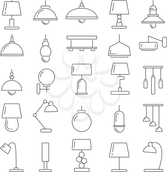 Different modern lamps. Vector illustrations in linear style. Home or office lamp furniture line