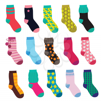 Funny socks with different patterns. Vector illustrations set in cartoon style. Collection of socks cotton textile and warm wool