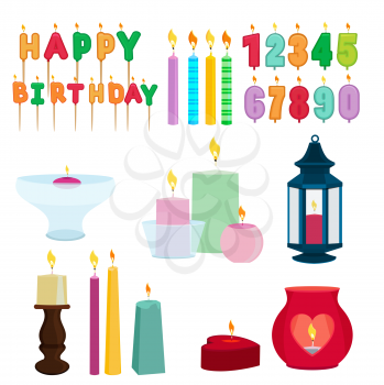 Funny colored candles for birthday party. Cartoon vector set of birthday candle numeral illustration