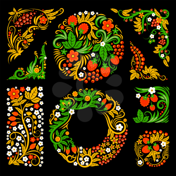 Floral decorative elements of traditional russian culture. Vector design pictures in khokhloma style. Flower floral decorative, ornament hohloma. Vector illustration