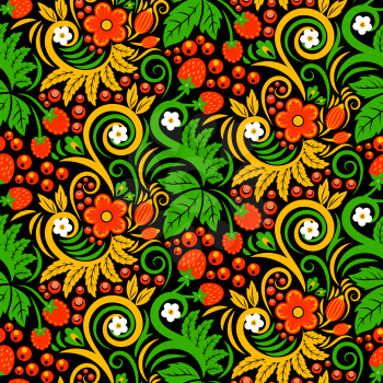 Seamless pattern of khokhloma style. Pictures of traditional russian culture. Russian khokhloma ornament pattern, vector illustration