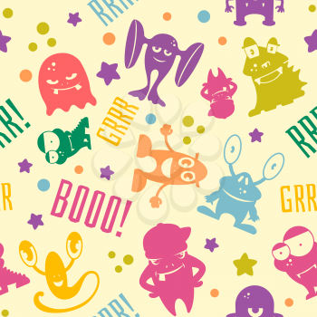 Seamless pattern with cute cartoon monsters. Background with color monster. Vector illustration