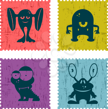 Set of retro postage stamp with funny monsters. Cartoon illustration. Vector set card